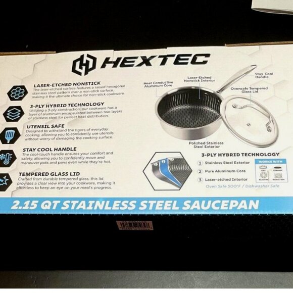 HEXTEC 2.15 Qt 3 Ply Hybrid Sauce Sauce Pan w/ Tempered Glass Lid - NIB - Picture 3 of 6